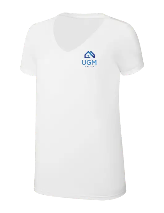 Womens Simply Soft V-Neck White 4.5oz  Poly/Combed Ring Spun Cotton T-Shirt w/UGM Logo