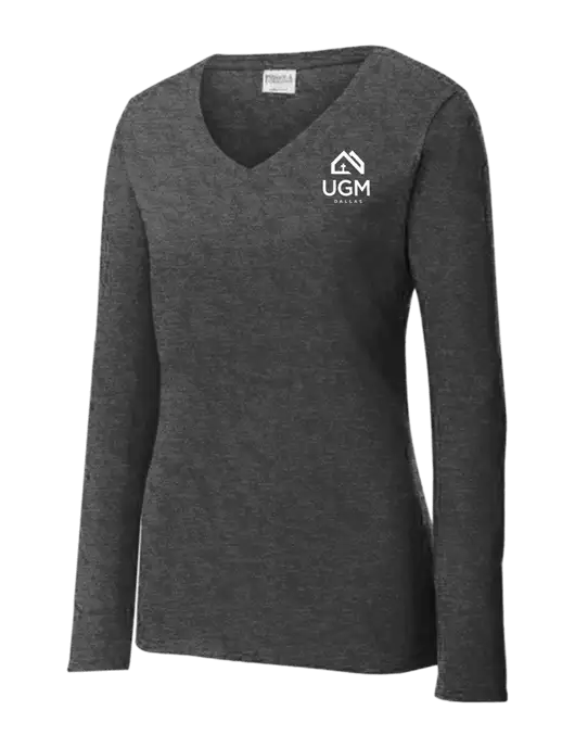 Womens  V-Neck Ring Spun Dark Heather Grey 4.5 oz Long Sleeve T-Shirt w/UGM Logo