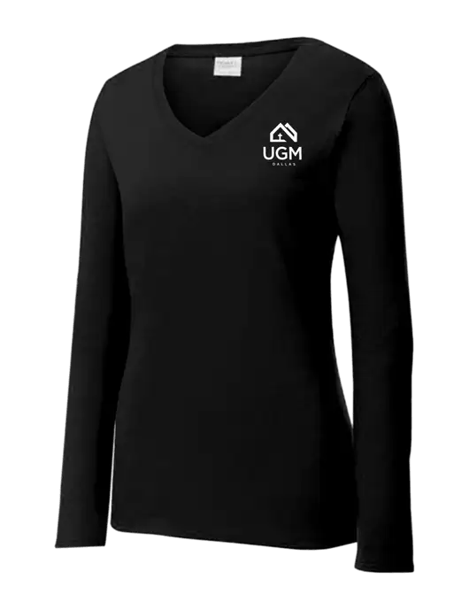 Womens V-Neck Ring Spun Jet Black 4.5 oz Long Sleeve T-Shirt w/UGM Logo