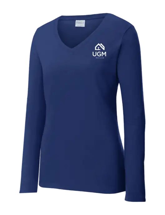 Womens  V-Neck Ring Spun Navy 4.5 oz Long Sleeve T-Shirt w/UGM Logo