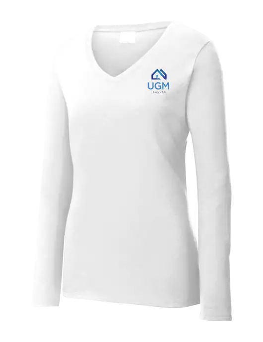 Womens  V-Neck Ring Spun White 4.5 oz Long Sleeve T-Shirt w/UGM Logo