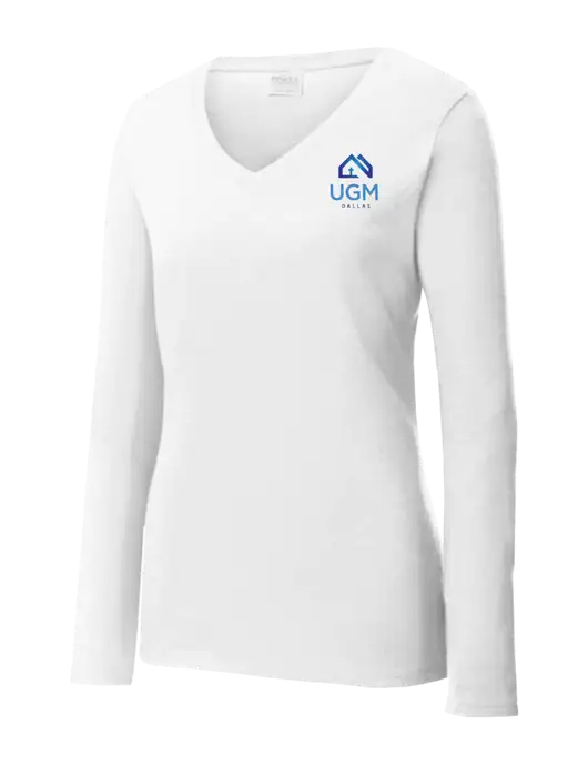 Womens  V-Neck Ring Spun White 4.5 oz Long Sleeve T-Shirt w/UGM Logo