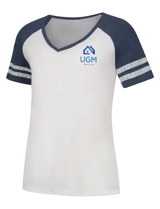Womens White/Navy Heather V-Neck Game Tee w/UGM Logo