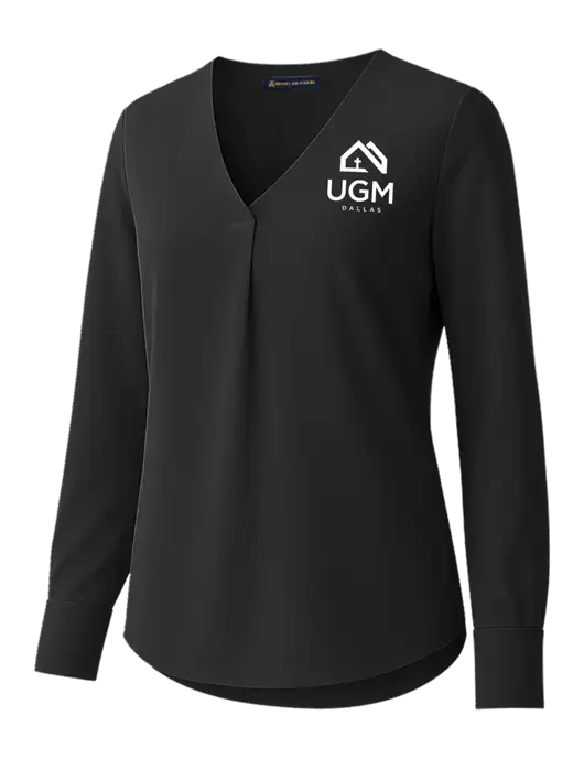 Brooks Brothers Womens Black Open-Neck Satin Blouse  w/UGM Logo