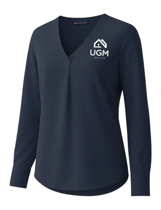 Brooks Brothers Womens Dark Navy Open-Neck Satin Blouse  w/UGM Logo