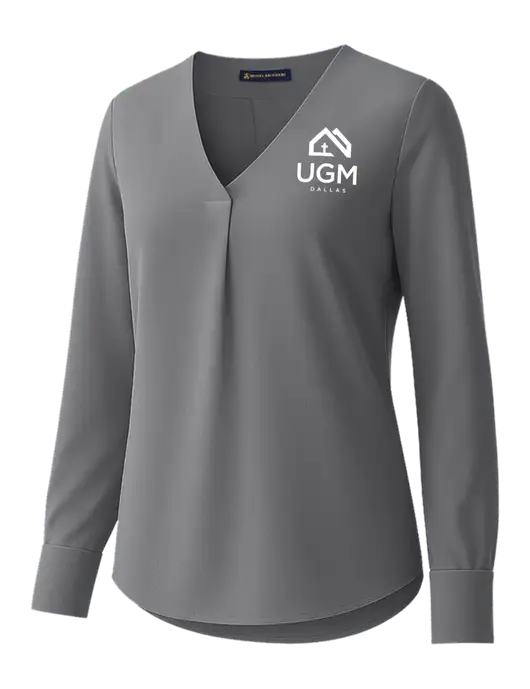 Brooks Brothers Womens Medium Grey Open-Neck Satin Blouse  w/UGM Logo