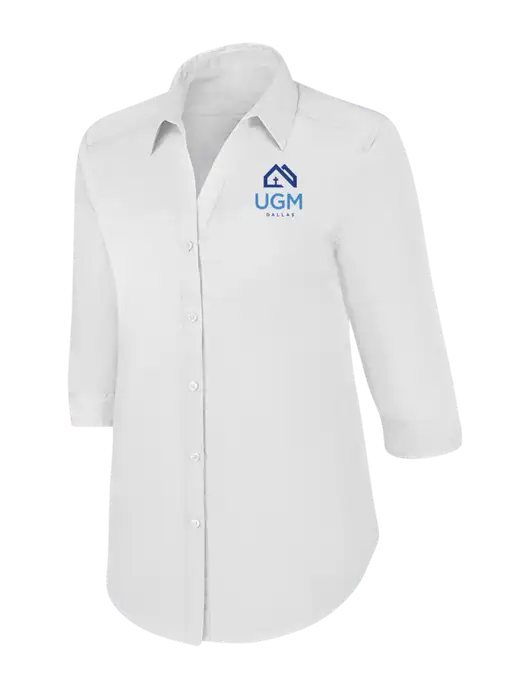 Womens White 3/4 Sleeve Carefree Poplin Shirt w/UGM Logo