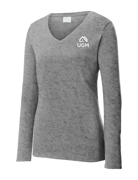 Womens  V-Neck Ring Spun Grey Heather 4.5 oz Long Sleeve T-Shirt w/UGM Logo