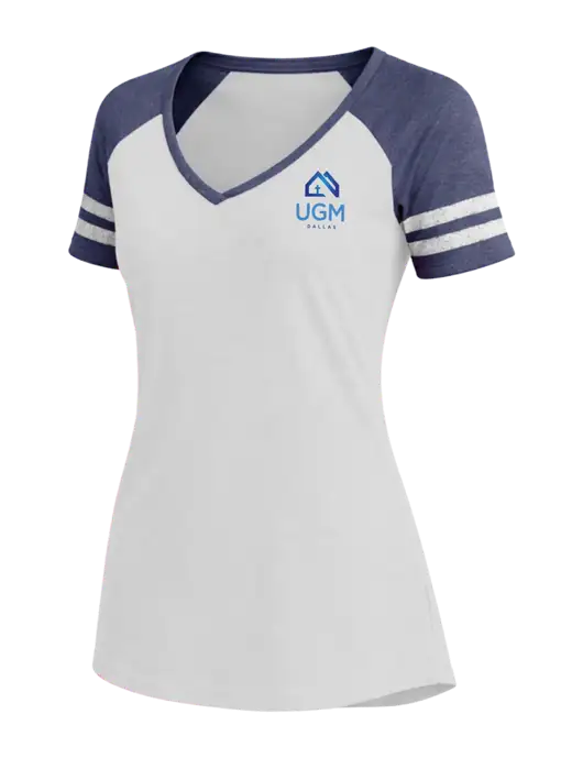 Womens White/Navy Heather V-Neck Game Tee w/UGM Logo